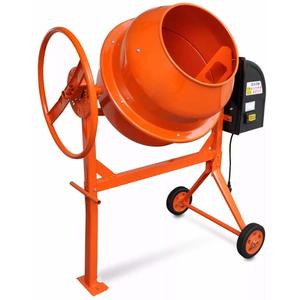 hormigonera con motor eléctrico de color naranja con volante manual y ruedas